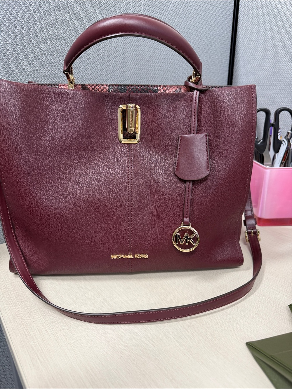 Michael Kors Wine Leather Top-Handle Satchel with Logo Charm